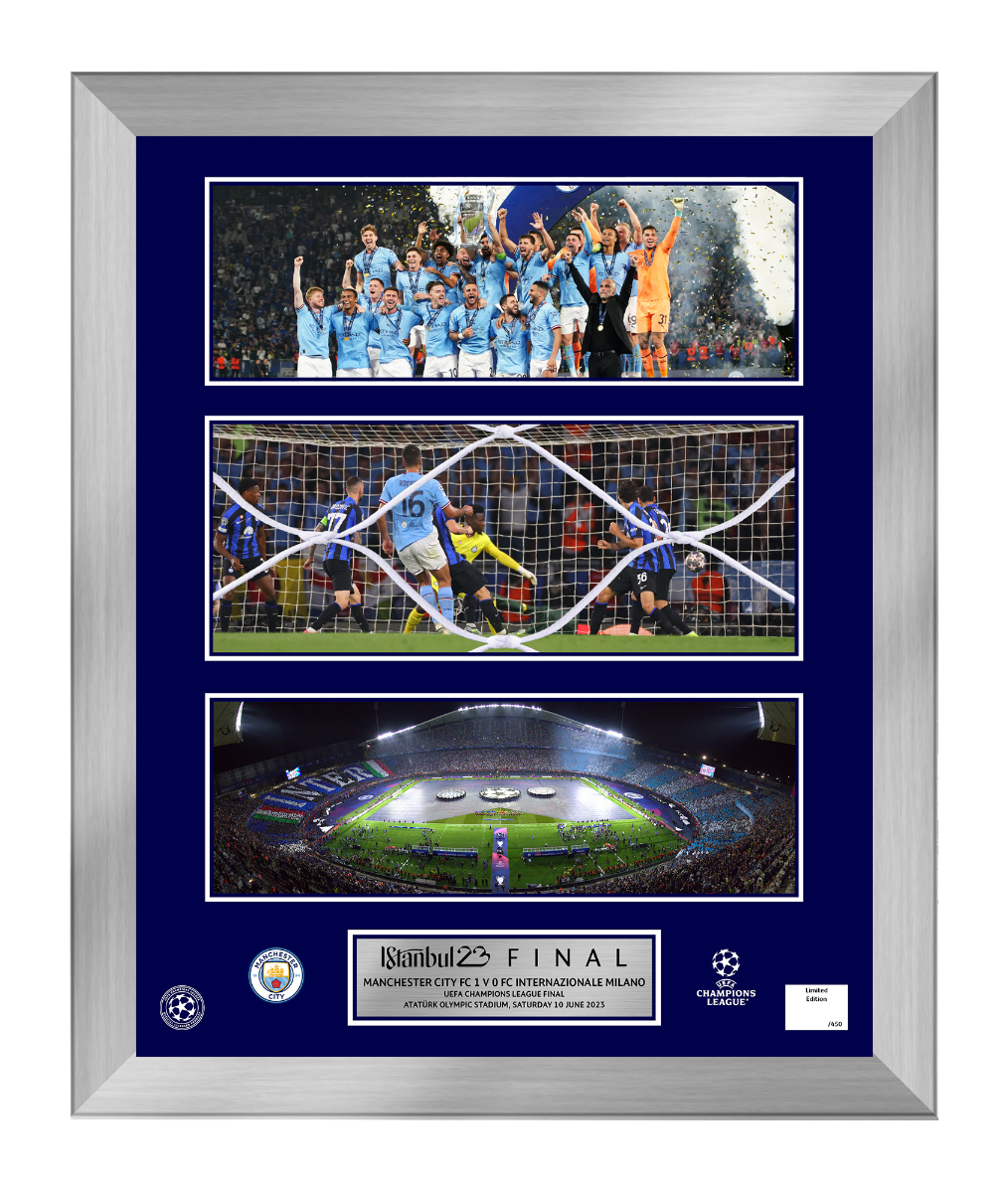 UNSIGNED 2023 UEFA Champions League Match Used and Framed Goal Net - Manchester City v Internazionale