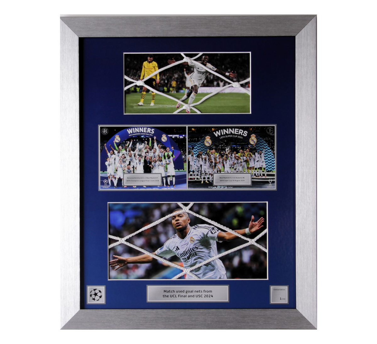 UNSIGNED 2024 UEFA Champions League and UEFA Super Cup Final Match Used and Framed Goal Nets - Borussia Dortmund vs Real Madrid & Real Madrid vs Atalanta