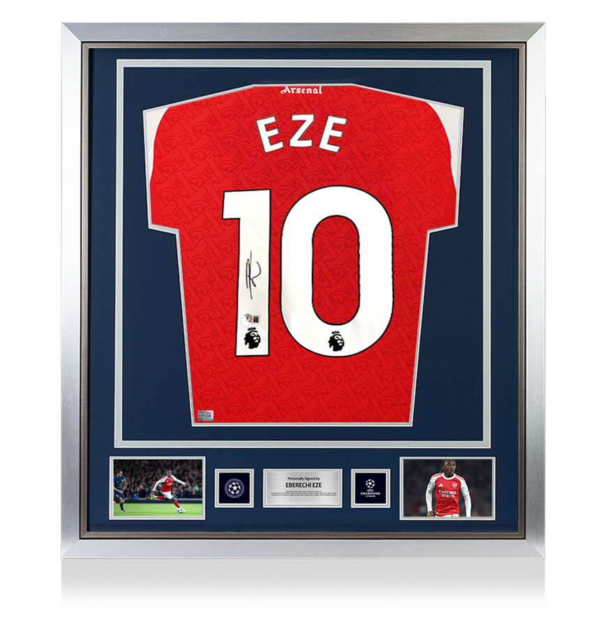 Eberechi Eze Official UEFA Champions League Back Signed and Framed Arsenal 2025-26 Home Shirt
