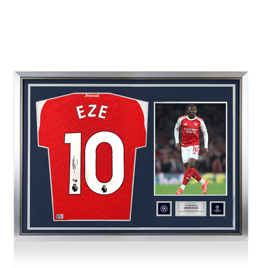 Eberechi Eze Official UEFA Champions League Back Signed and Hero Framed Arsenal 2025-26 Home Shirt