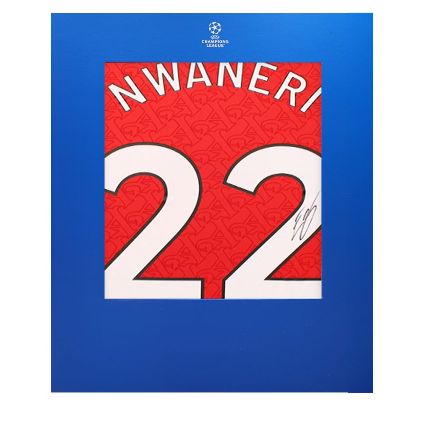 Ethan Nwaneri Official UEFA Champions League Back Signed Arsenal 2025-26  Home Shirt with Fan Style Numbers In Deluxe Packaging