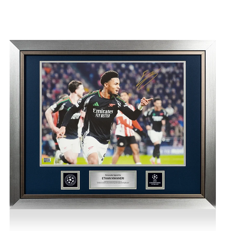 Ethan Nwaneri Official UEFA Champions League Signed and Framed Arsenal Photo: UEFA Champions League