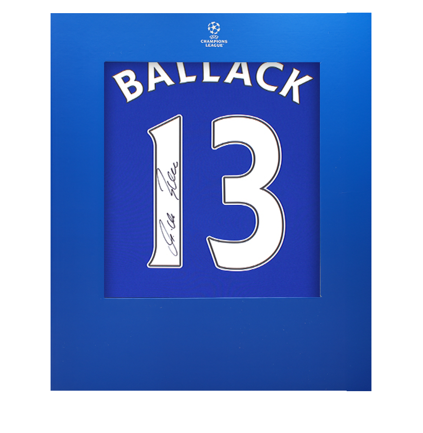 Michael Ballack Official UEFA Champions League Back Signed Chelsea Retro Home Shirt In Deluxe Packaging