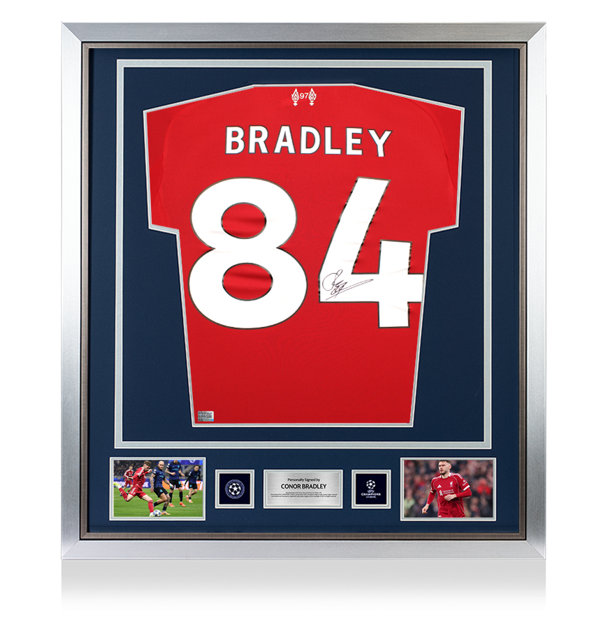 Connor Bradley Official UEFA Champions League Back Signed and Framed Liverpool 2025-26 Home Shirt