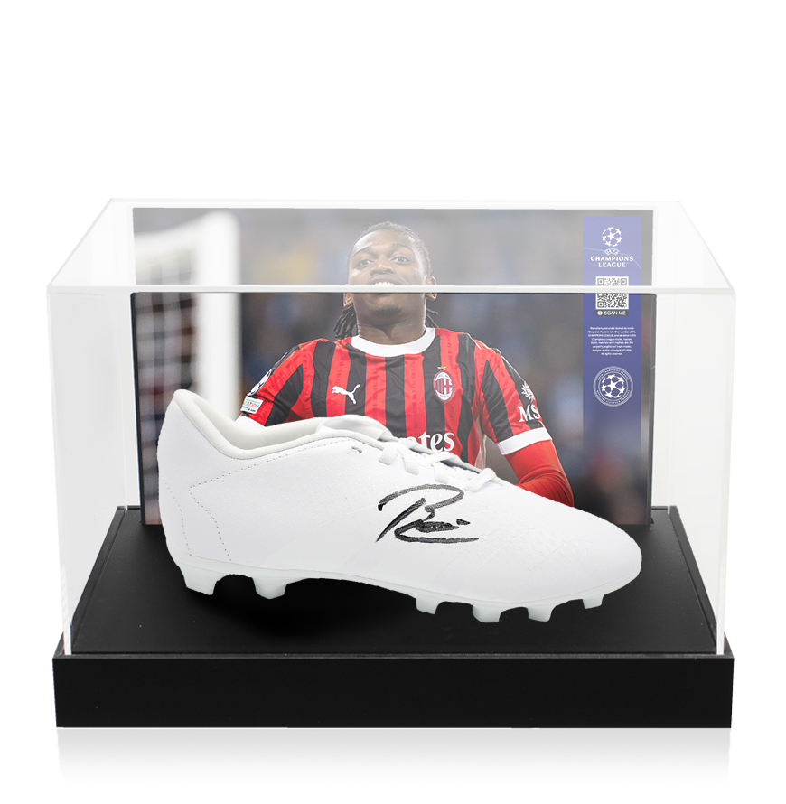 Rafael Leao Official UEFA Champions League Signed Adidas White Boot In Photo Acrylic Case: Option 1