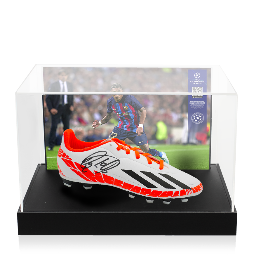 Raphinha Official UEFA Champions League Signed Adidas White & Orange Boot In Photo Acrylic Case: Option 1