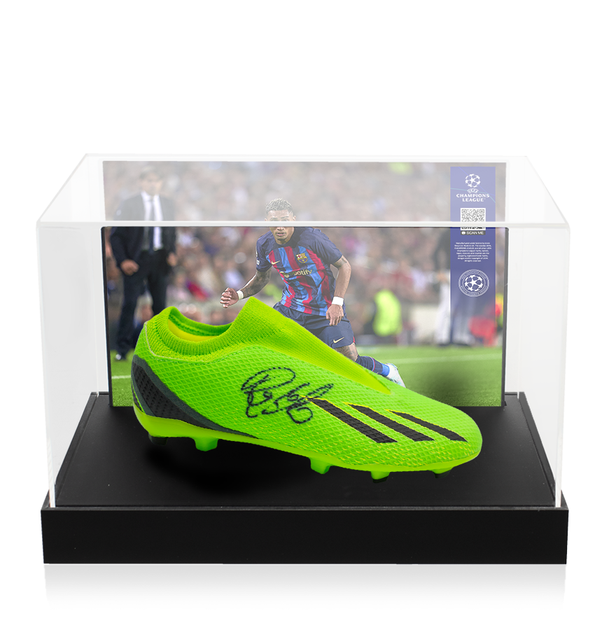 Raphinha Official UEFA Champions League Signed Adidas Green Boot In Photo Acrylic Case: Option 1 UEFA Club Competitions Online Store
