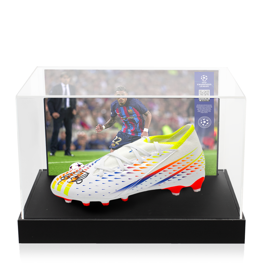 Raphinha Official UEFA Champions League Signed Adidas Predator Multi Coloured Boot In Photo Acrylic Case: Option 1