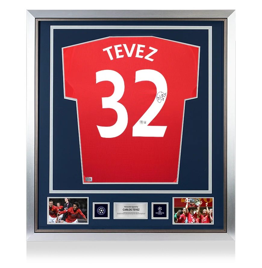 Carlos Tevez Official UEFA Champions League Back Signed and Framed Authentic Manchester United 2024-25 Home Shirt
