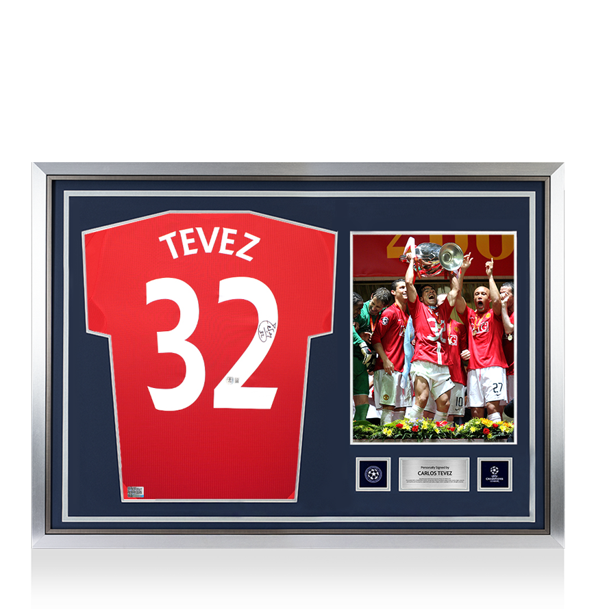 Carlos Tevez Official UEFA Champions League Back Signed and Hero Framed Authentic Manchester United 2024-25 Home Shirt