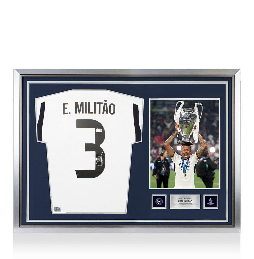 Eder Militao Official UEFA Champions League Back Signed and Hero Framed Real Madrid 2023-24 Home Shirt