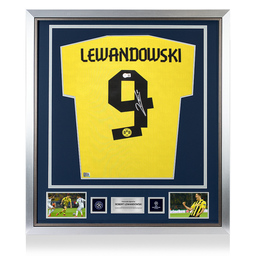 Robert Lewandowski Official UEFA Champions League Back Signed and Framed Borussia Dortmund 2020-21 Home Shirt