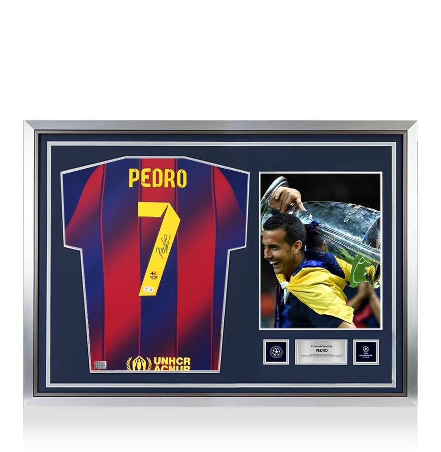 Pedro Official UEFA Champions League Back Signed and Hero Framed FC Barcelona 2025-26 Home Shirt