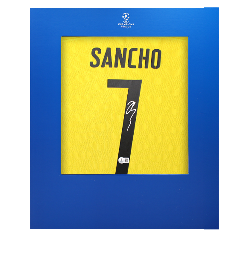 Jadon Sancho Official UEFA Champions League Back Signed Borussia Dortmund 2020-21 Home Shirt In Deluxe Packaging