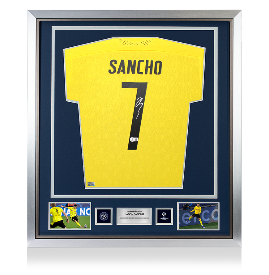 Jadon Sancho Official UEFA Champions League Back Signed and Framed Borussia Dortmund 2020-21 Home Shirt