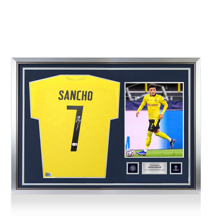 Jadon Sancho Official UEFA Champions League Back Signed and Hero Framed Borussia Dortmund 2020-21 Home Shirt