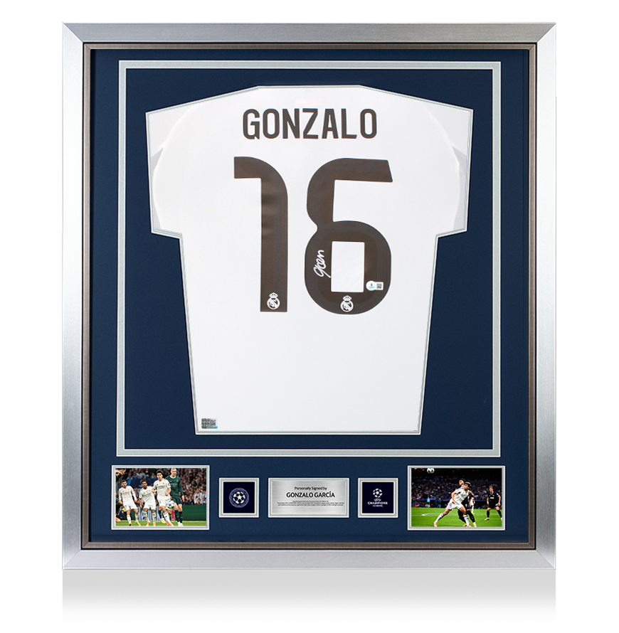 Gonzalo Garcia Official UEFA Champions League Back Signed and Framed Real Madrid 2025-26 Home Shirt