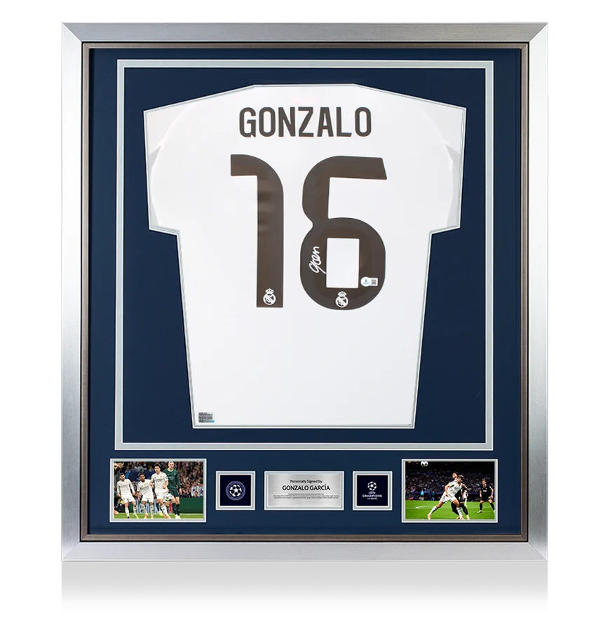 Gonzalo Garcia Official UEFA Champions League Back Signed and Framed Real Madrid 2025-26 Home Shirt