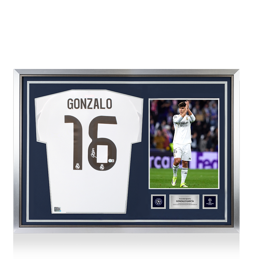 Gonzalo Garcia Official UEFA Champions League Back Signed and Hero Framed Real Madrid 2025-26 Home Shirt