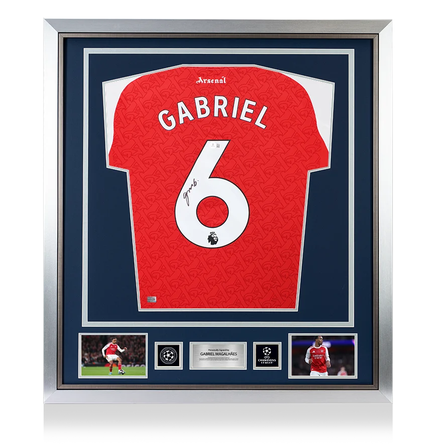 Gabriel Magalhães Official UEFA Champions League Back Signed and Framed Arsenal 2025-26 Home Shirt