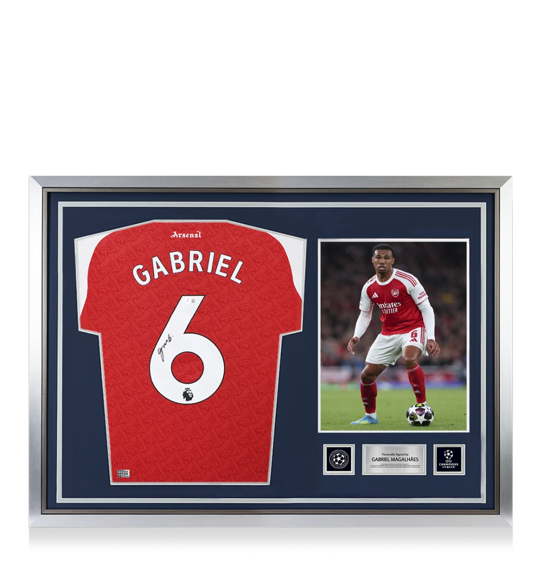 Gabriel Magalhães Official UEFA Champions League Back Signed and Hero Framed Arsenal 2025-26 Home Shirt