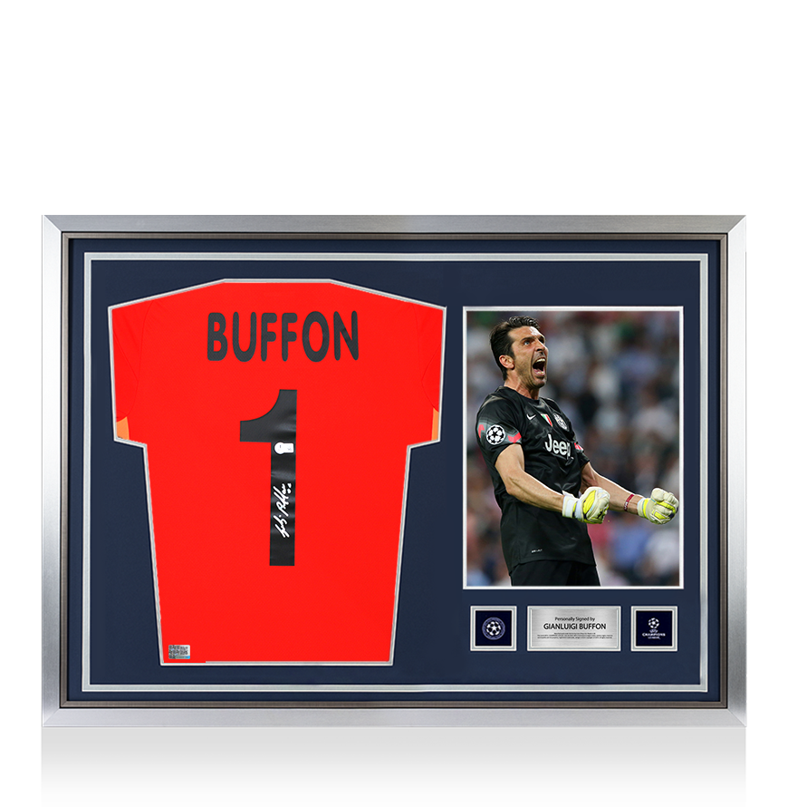Gianluigi Buffon Official UEFA Champions League Back Signed and Hero Framed Juventus 2024-25 Goalkeeper Shirt