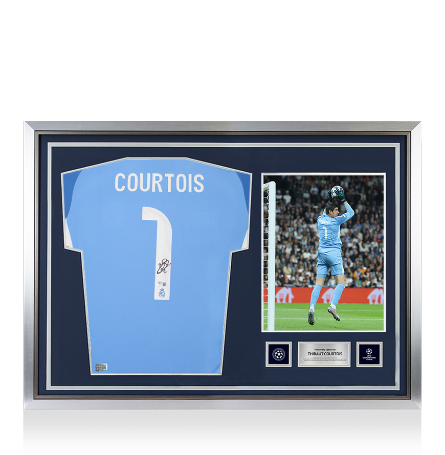 Thibaut Courtois Official UEFA Champions League Back Signed and Hero Framed Real Madrid 2025-26 Goalkeepers Home Shirt