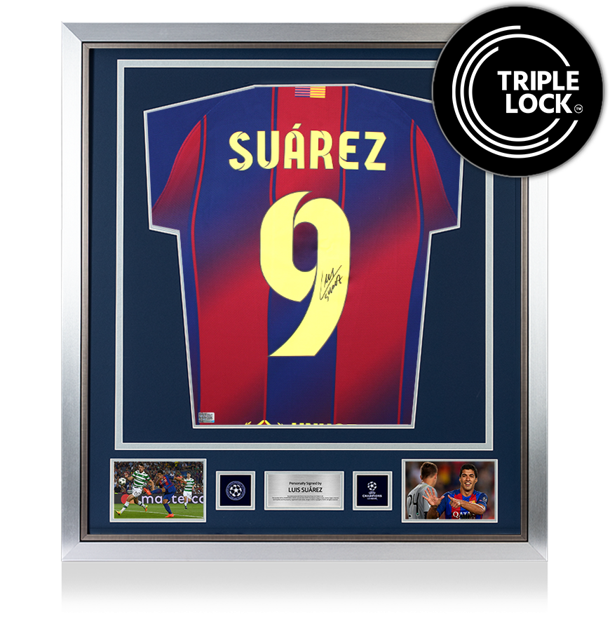 Luis Suarez Official UEFA Champions League Back Signed and Framed FC Barcelona 2025-26 Home Shirt with Fan Style Number