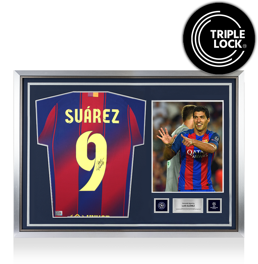 Luis Suarez Official UEFA Champions League Back Signed and Hero Framed FC Barcelona 2025-26 Home Shirt with Fan Style Number