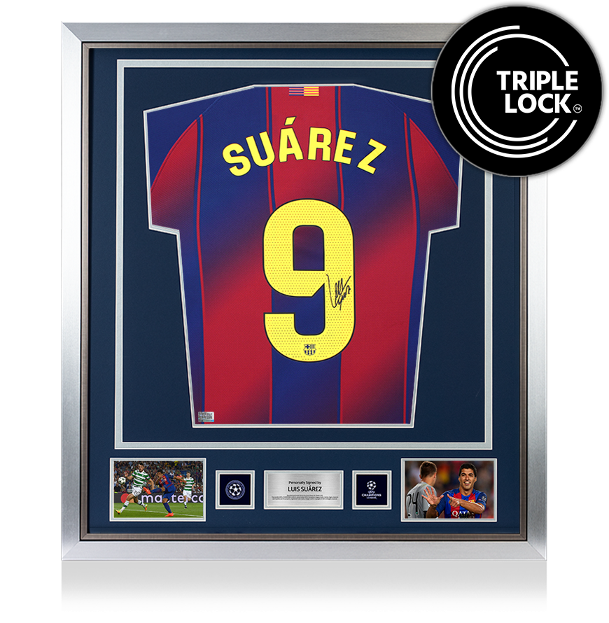 Luis Suarez Official UEFA Champions League Back Signed and Framed FC Barcelona 2025-26 Home Shirt