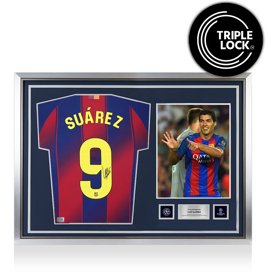 Luis Suarez Official UEFA Champions League Back Signed and Hero Framed FC Barcelona 2025-26 Home Shirt