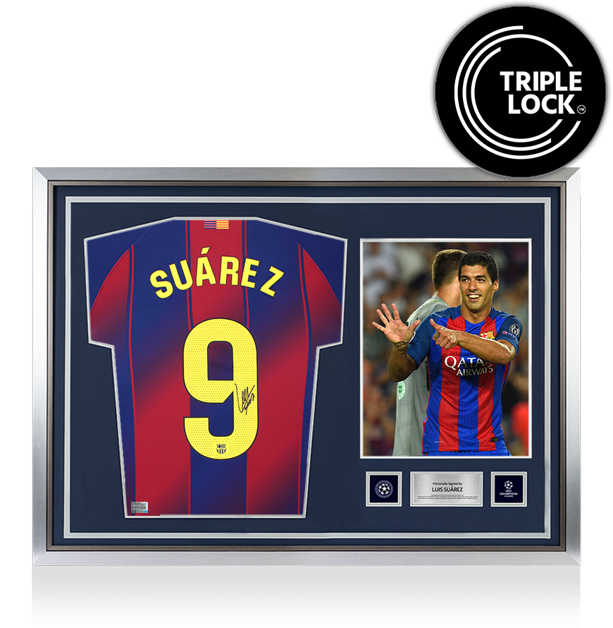 Luis Suarez Official UEFA Champions League Back Signed and Hero Framed FC Barcelona 2025-26 Home Shirt UEFA Club Competitions Online Store