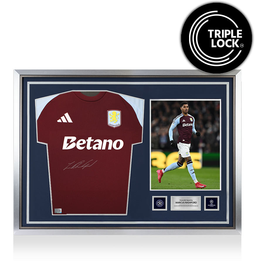 Marcus Rashford Official UEFA Champions League Front Signed and Hero Framed Aston Villa 2024-25 Home Shirt