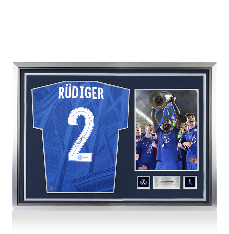 Antonio Rudiger Official UEFA Champions League Back Signed and Hero Framed Chelsea 2024-25 Home Shirt