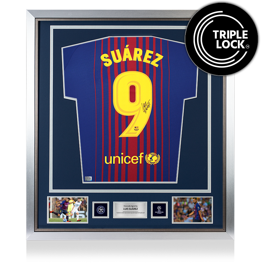 Luis Suarez Official UEFA Champions League Back Signed and Framed FC Barcelona 2017-18 Home Shirt UEFA Club Competitions Online Store