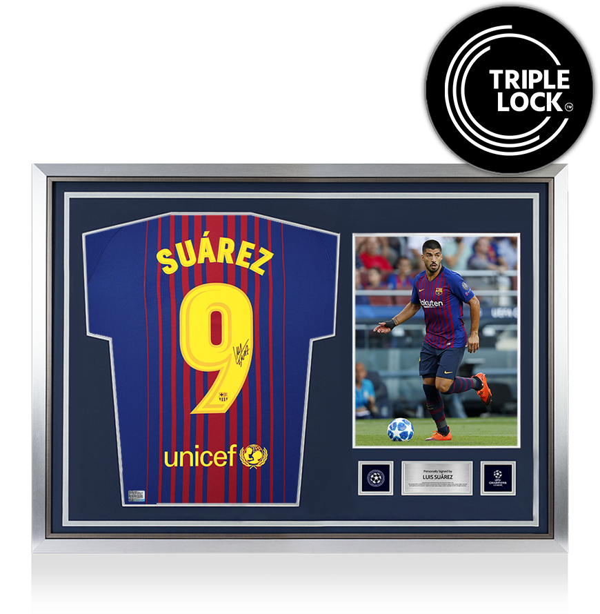 Luis Suarez Official UEFA Champions League Back Signed and Hero Framed FC Barcelona 2017-18 Home Shirt