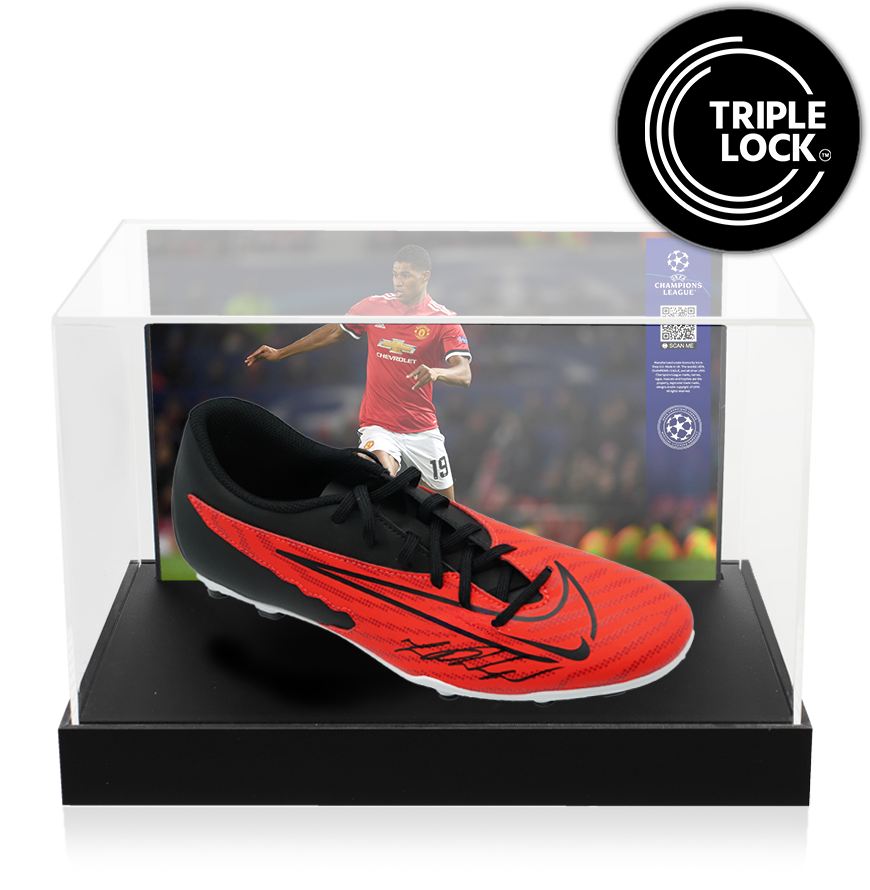 Marcus Rashford Official UEFA Champions League Signed Nike Vapor Boot In Photo Acrylic Case: Option 1