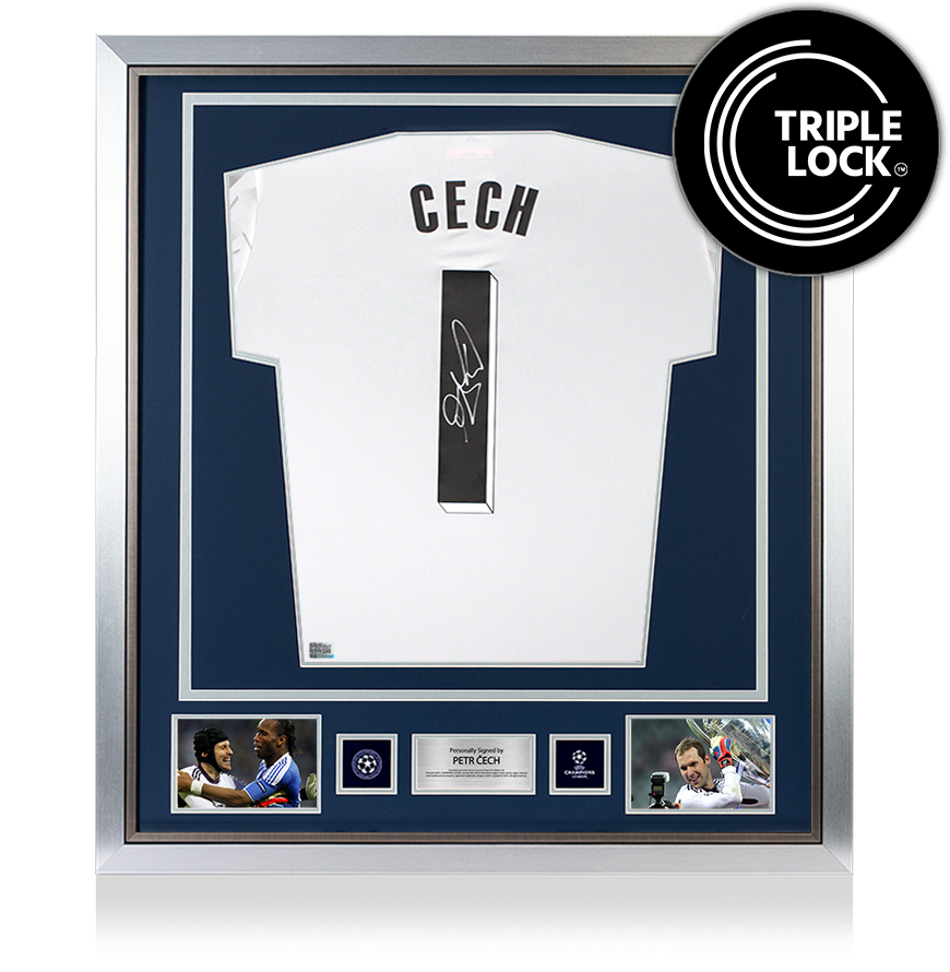 Petr Cech Official UEFA Champions League Back Signed and Framed Adidas White Goalkeeper Shirt