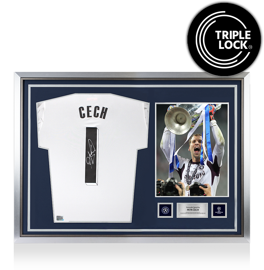 Petr Cech Official UEFA Champions League Back Signed and Hero Framed Adidas White Goalkeeper Shirt