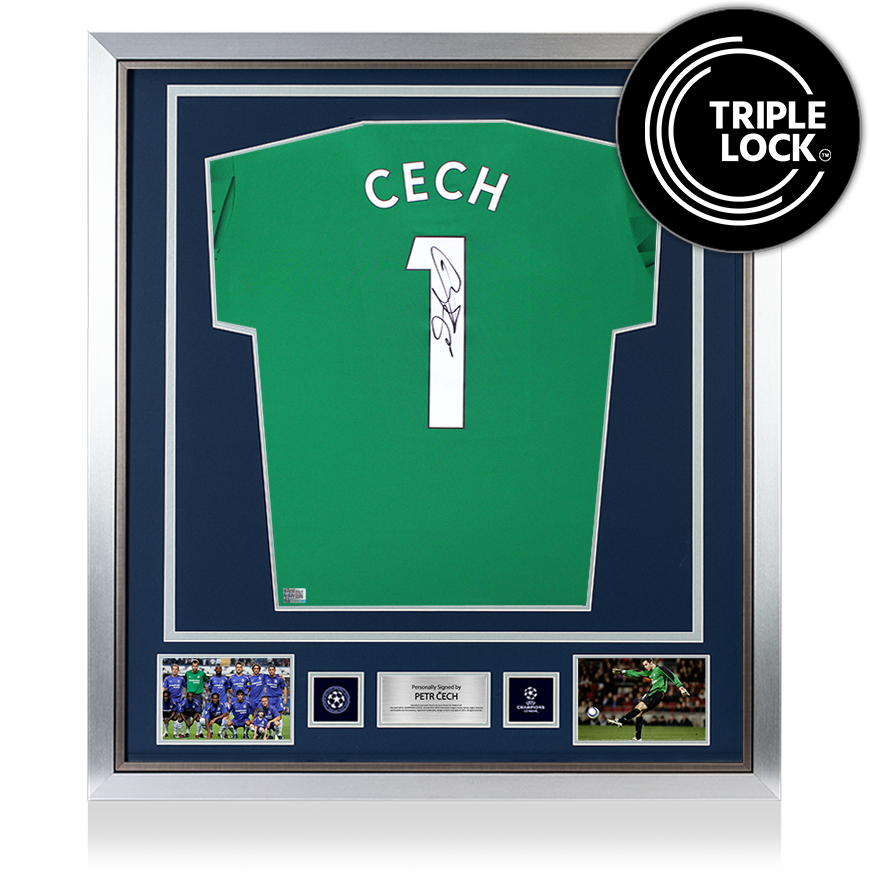 Petr Cech Official UEFA Champions League Back Signed and Framed Adidas Green Goalkeeper Shirt