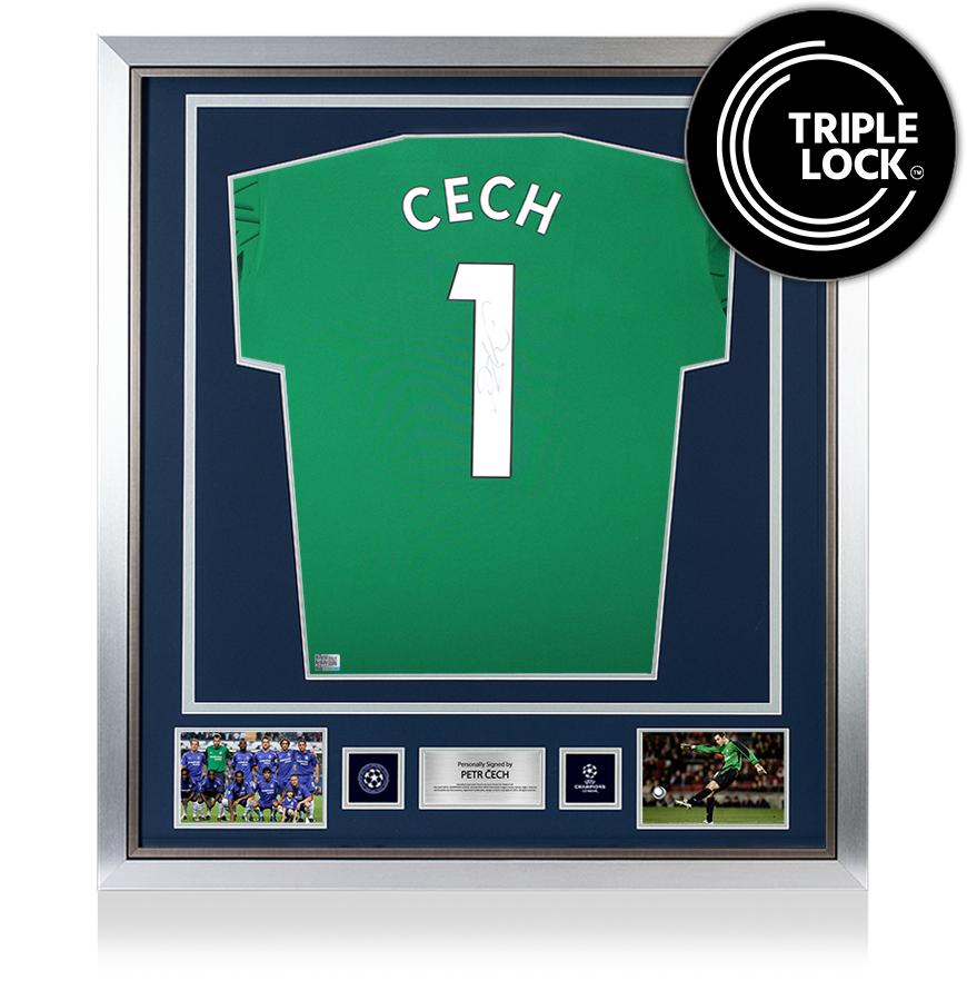 Petr Cech Official UEFA Champions League Back Signed and Framed Adidas Green Goalkeeper Shirt