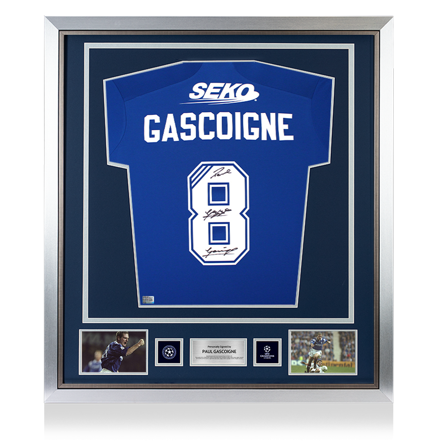 Paul Gascoigne Official UEFA Champions League Back Signed and Framed Rangers 2022-23 Home Shirt