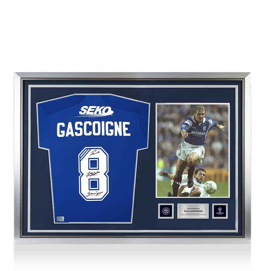 Paul Gascoigne Official UEFA Champions League Back Signed and Hero Framed Rangers 2022-23 Home Shirt