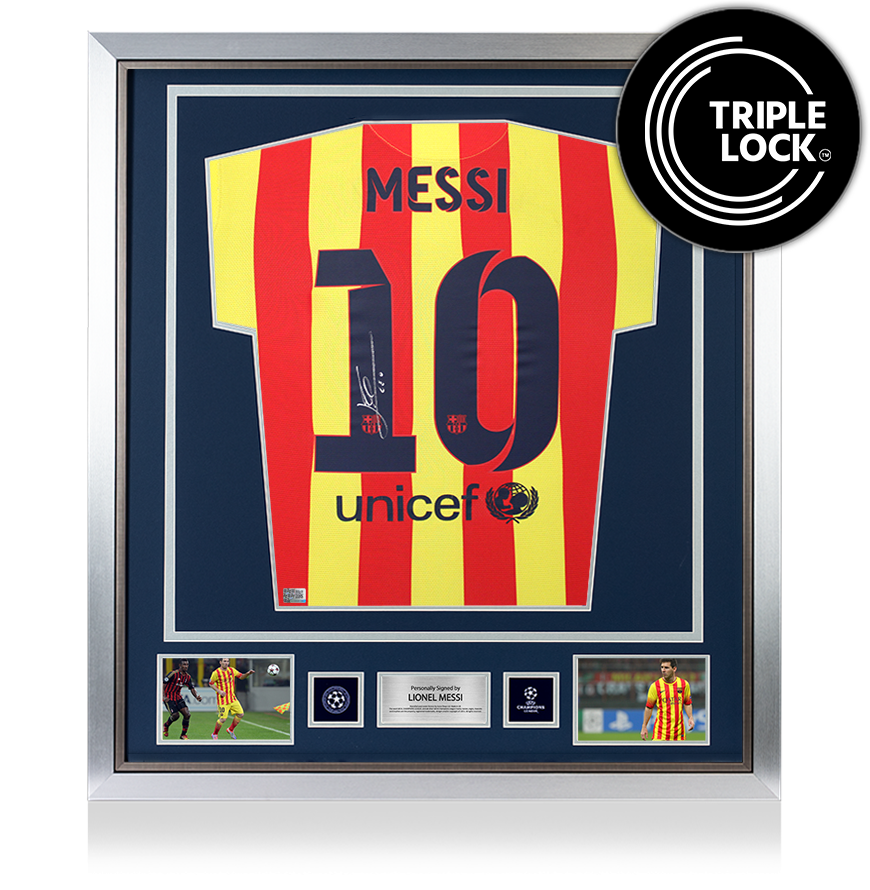 Lionel Messi Official UEFA Champions League Back Signed and Framed FC Barcelona 2013-15 Away Shirt