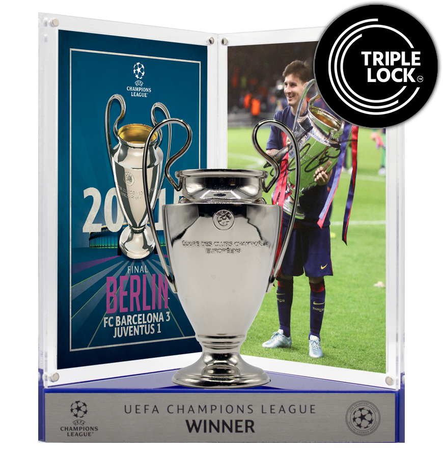 Lionel Messi Official UEFA Champions League Signed 3D Mini Replica Trophy on Stand: 2015 Mini