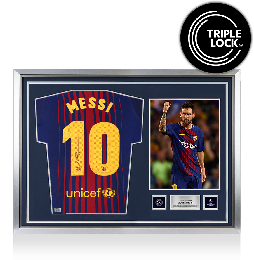 Lionel Messi Official UEFA Champions League Back Signed and Hero Framed FC Barcelona 2017-18 Home Shirt