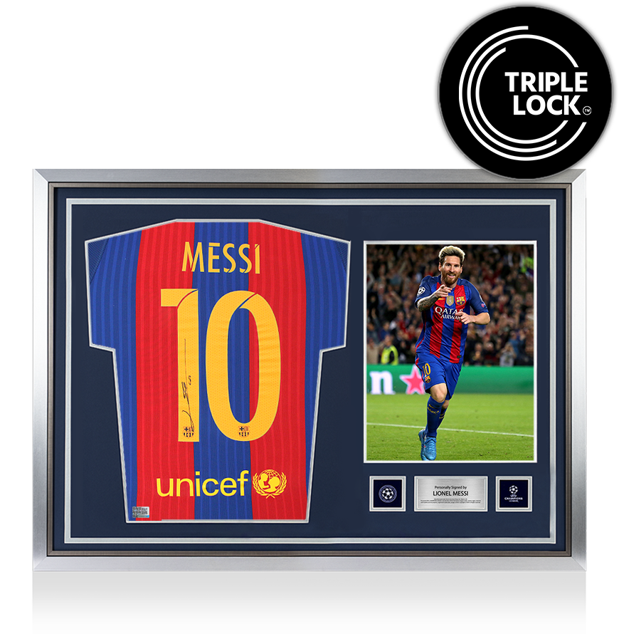 Lionel Messi Official UEFA Champions League Back Signed and Hero Framed FC Barcelona 2016-17 Home Shirt