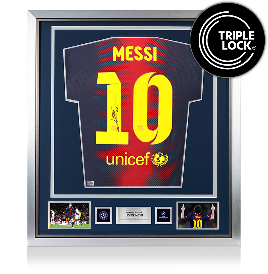 Lionel Messi Official UEFA Champions League Back Signed and Framed FC Barcelona 2012-13 Home Shirt