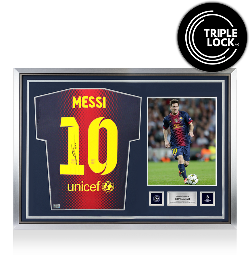 Lionel Messi Official UEFA Champions League Back Signed and Hero Framed FC Barcelona 2012-13 Home Shirt