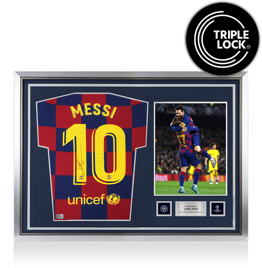 Lionel Messi Official UEFA Champions League Back Signed and Hero Framed FC Barcelona 2019-20 Home Shirt